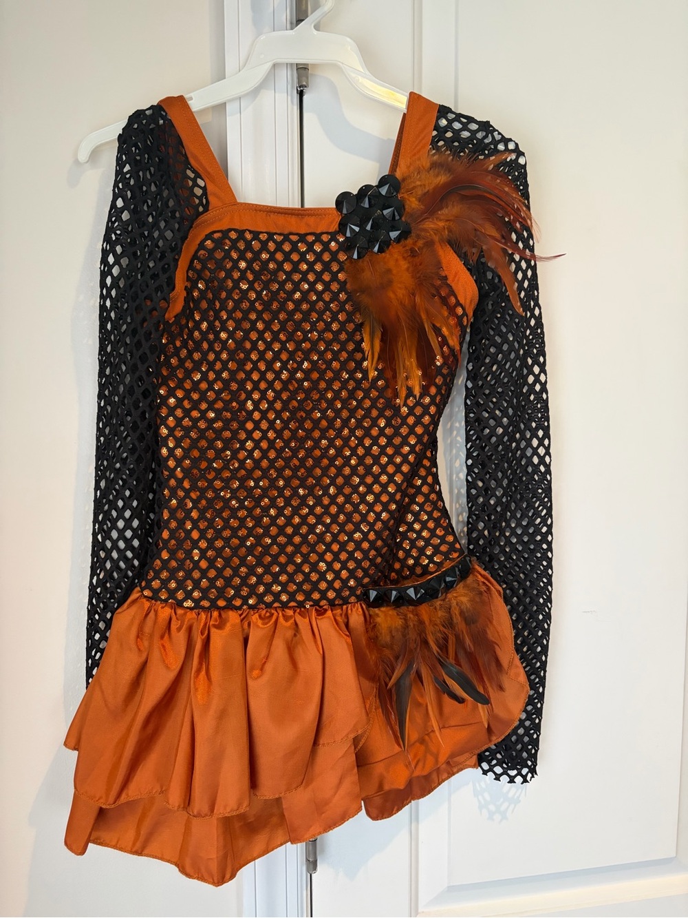 Orange and Black Mesh Dance Costume with Removable Feather Detail